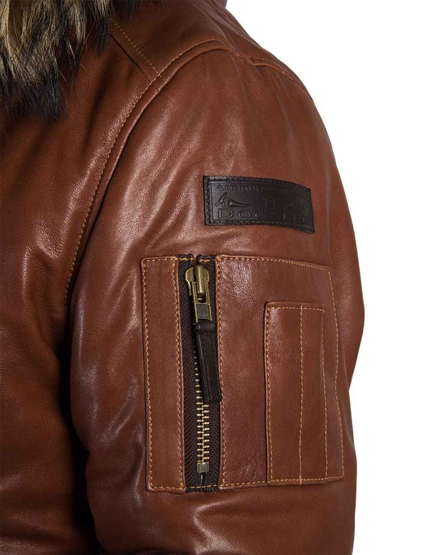 Utility pocket on the sleeve of a light brown men's leather parka.