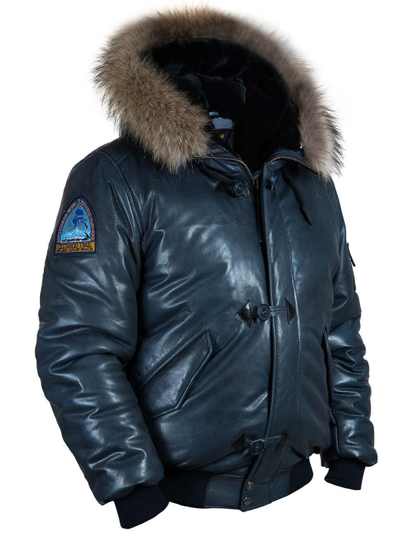 Men's blue leather parka with hood.