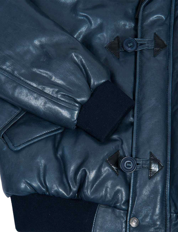 Knitted cuff and elastic band of men's blue short leather parka.