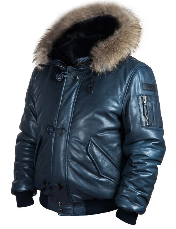 Men's blue leather parka with hood.