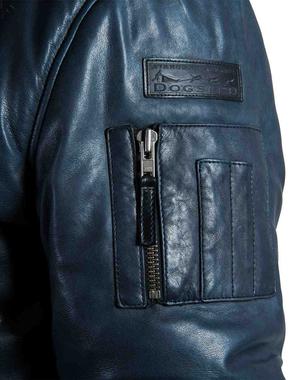 Utility pocket on the sleeve of a men's blue short leather parka.