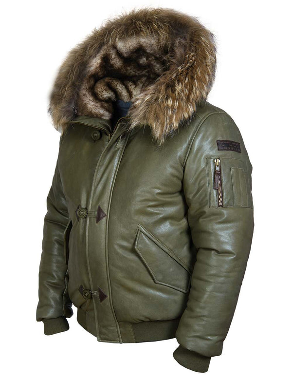 Men's olive leather down jacket.