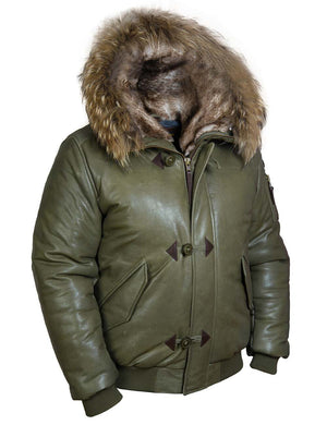 Men's olive leather down jacket.