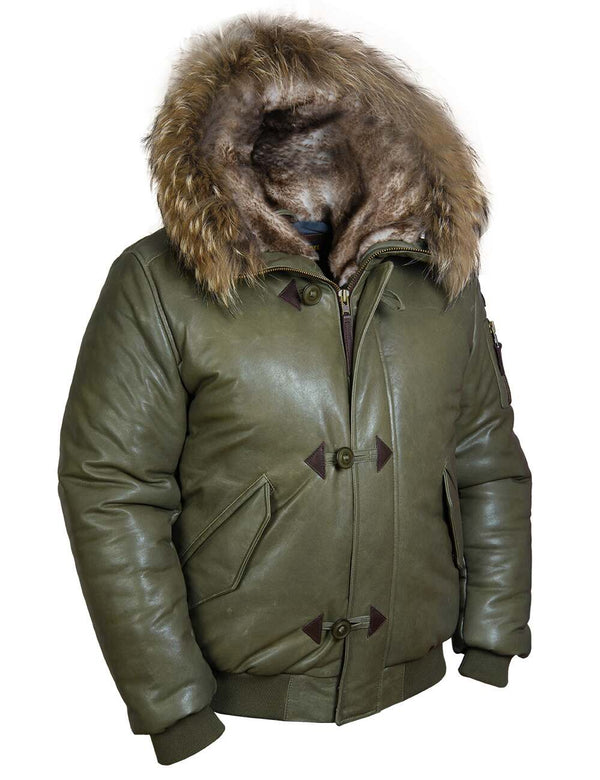 Men's olive leather down jacket.