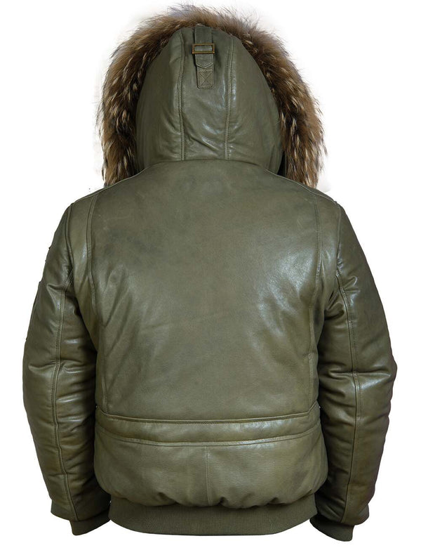 Men's olive leather down jacket with elastic band and sheepskin-lined hood, back view.