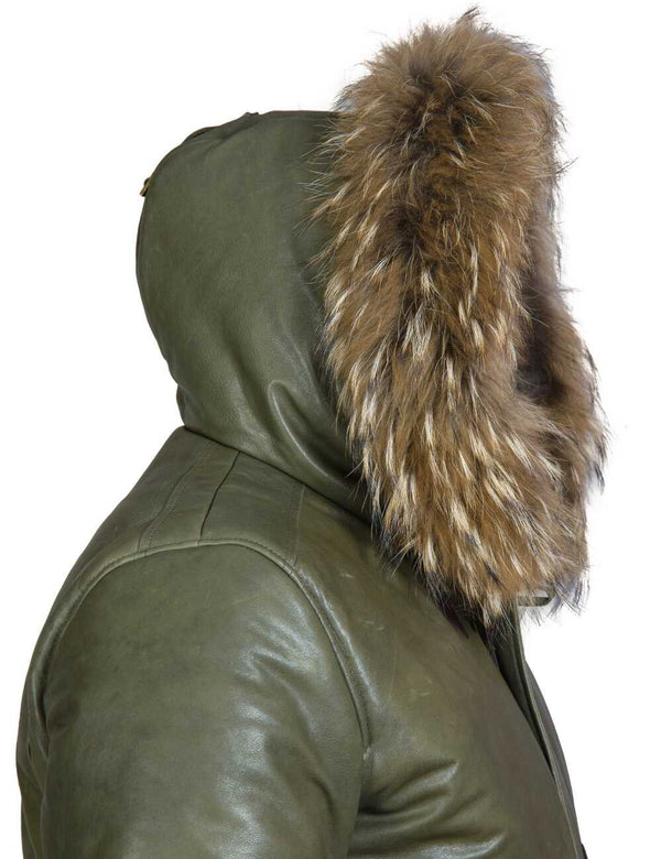 Side view of the raised fur-trimmed hood of the olive leather down jacket.