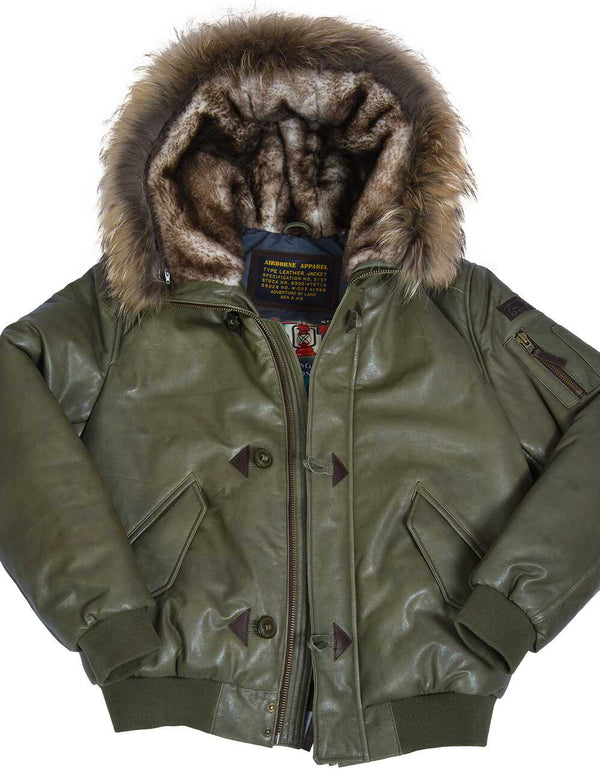 Men's olive leather down jacket with elastic band and sheepskin-lined hood, unbuttoned, front view.
