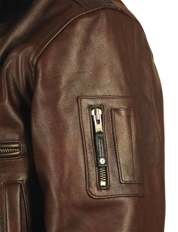 Utility pocket on the left sleeve of a men's brown leather jacket.