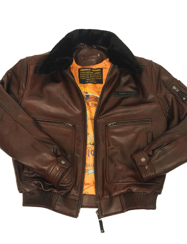 Men's brown leather jacket with an elastic waistband and a fur collar, unbuttoned.