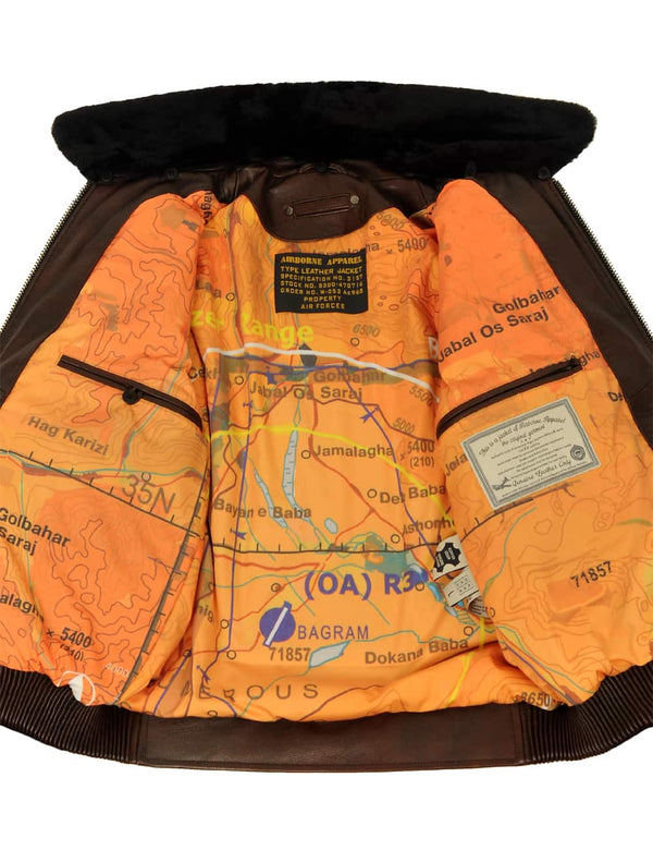 Men's brown leather jacket unbuttoned with a fur collar, revealing a bright lining and inside pockets.