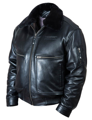 Men's black leather jacket.