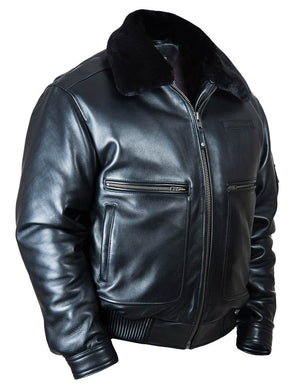 Men's black leather jacket.