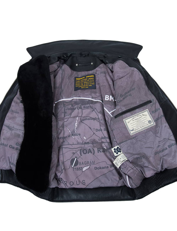 Men's black leather jacket unbuttoned, showing the lining and unfastened fur collar.