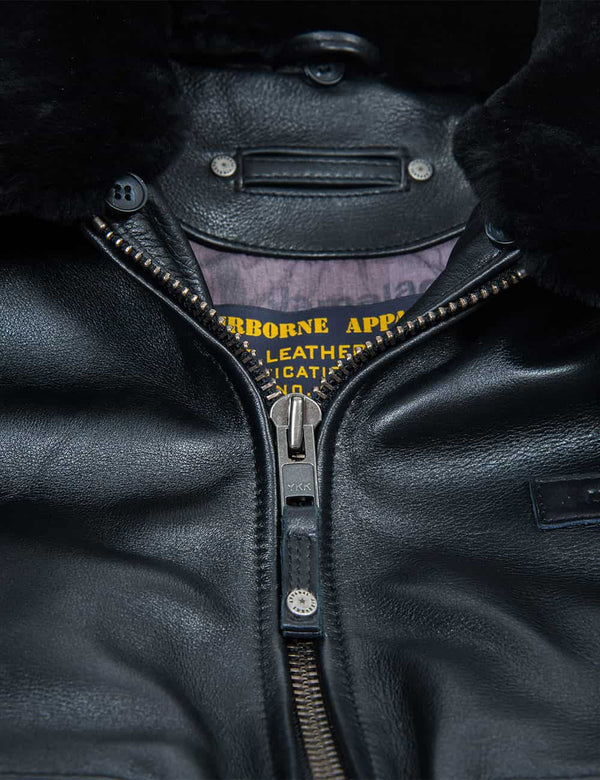 Metal zipper on a men's black leather jacket with fur collar.