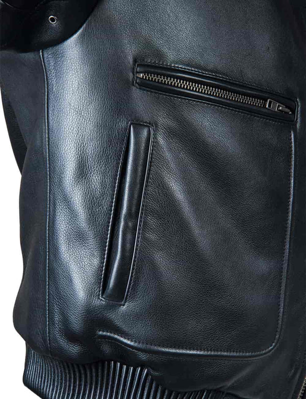 Pockets on a men's black leather jacket.
