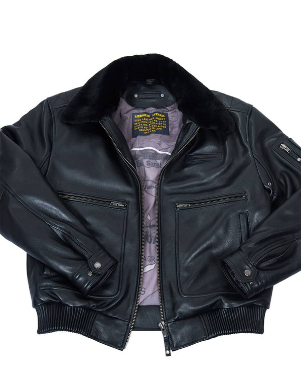 Men's black leather jacket with a fur collar, unbuttoned.