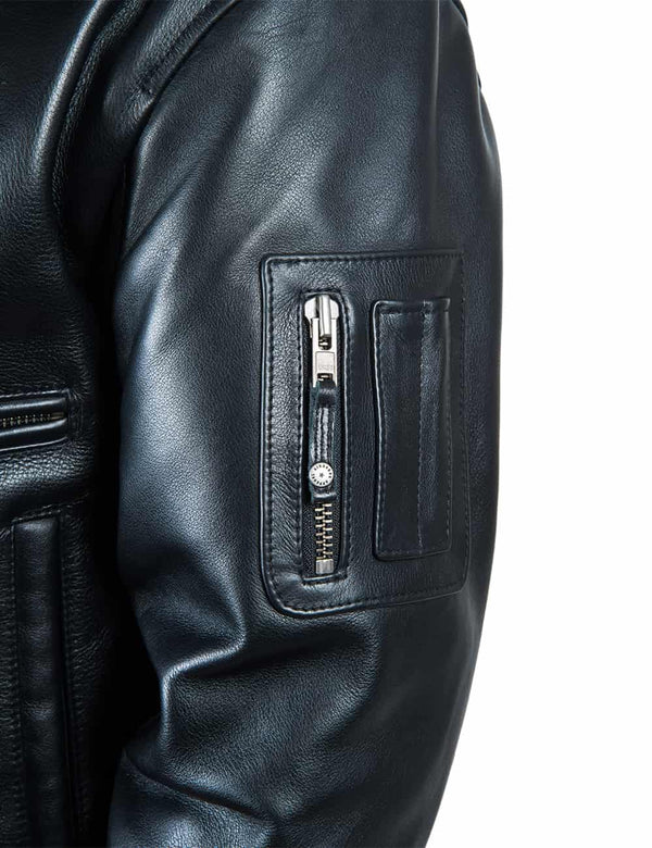 Utility pocket on the left sleeve of a men's black leather jacket.