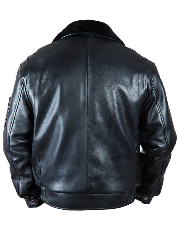 Men's black leather jacket with fur collar, back view.