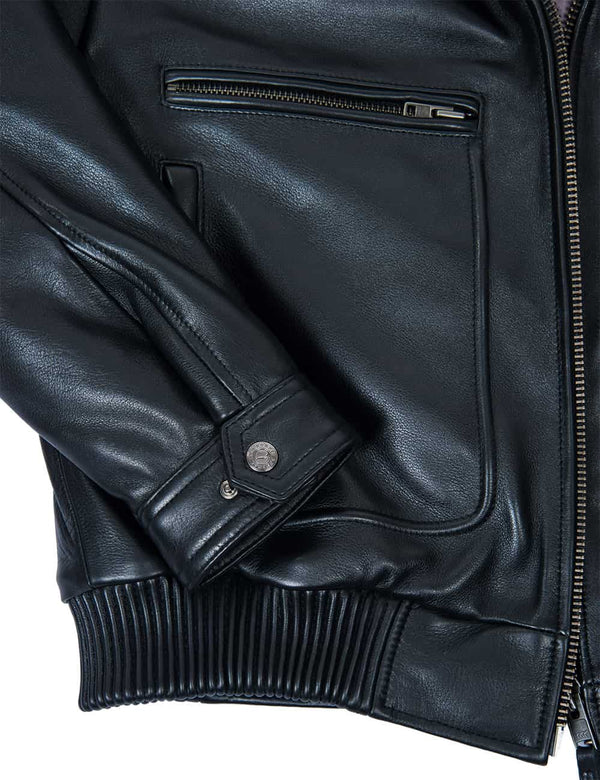The lower right side of a men's black leather jacket.