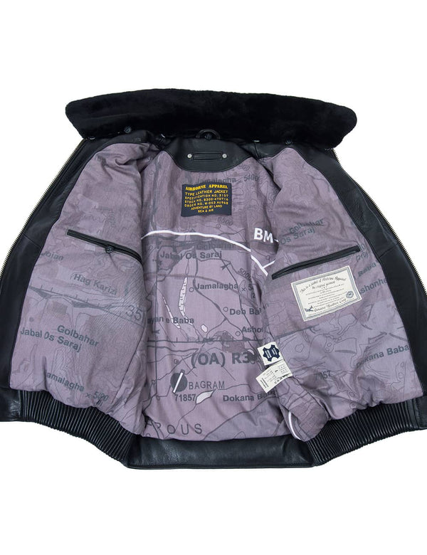 Men's black leather jacket unbuttoned with a fur collar, lining and inner pockets are visible.