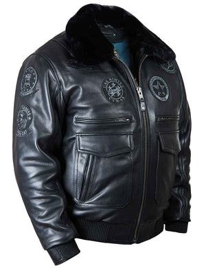 Men's black leather jacket.