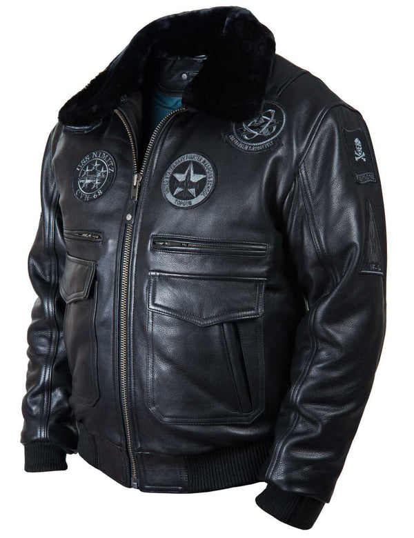 Men's black leather jacket.