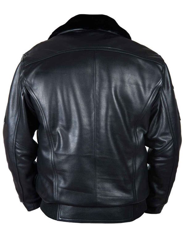 Men's black leather jacket with fur collar, back view.