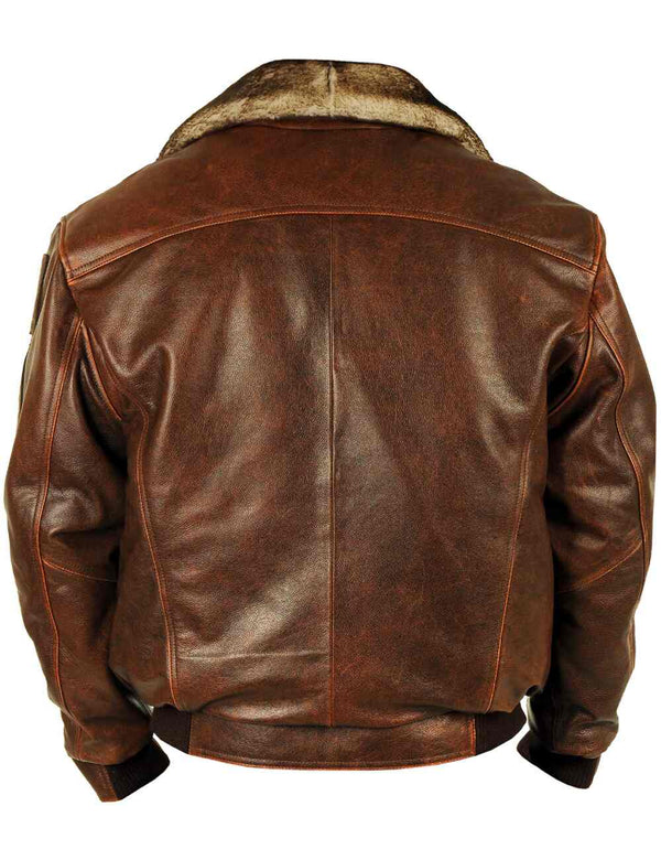 Men's brown leather jacket with fur collar, back view.