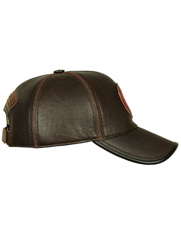 Men's brown leather baseball cap with patches on the front and back, side view.