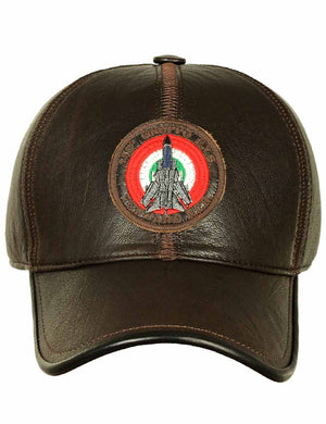 Men's brown leather baseball cap with a bright patch, front view.