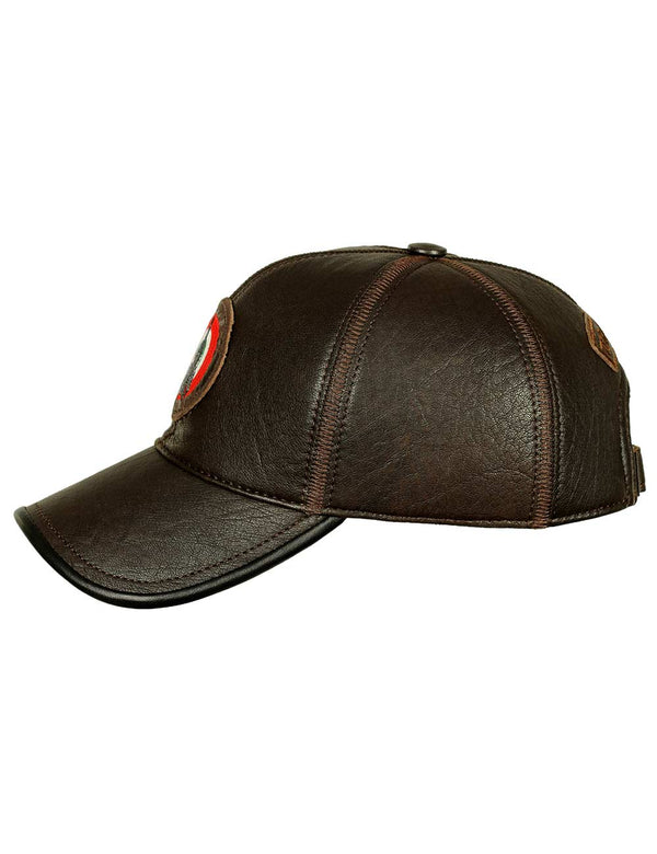 Men's brown leather baseball cap with patches on the front and back, side view.