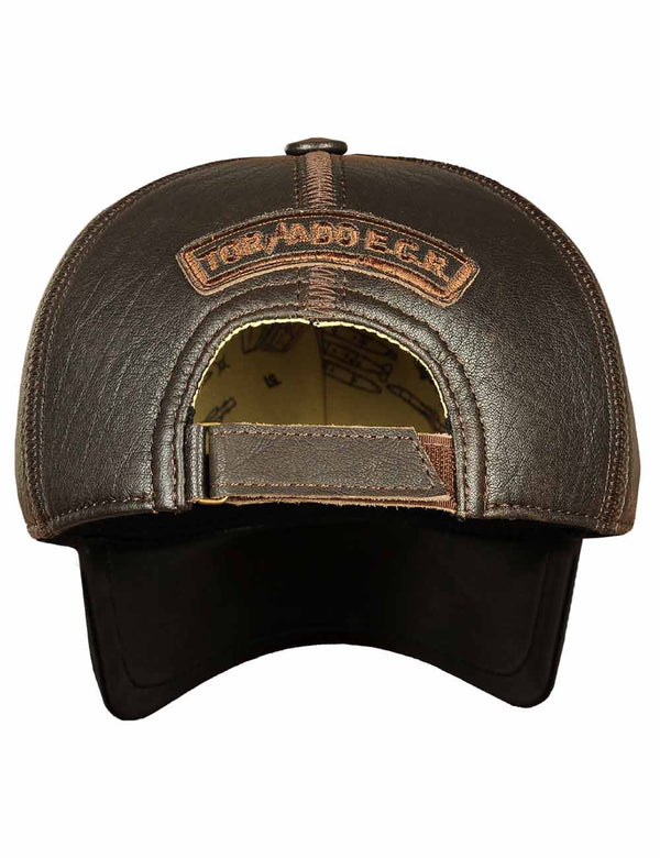 Men's brown leather baseball cap with patch, back view.