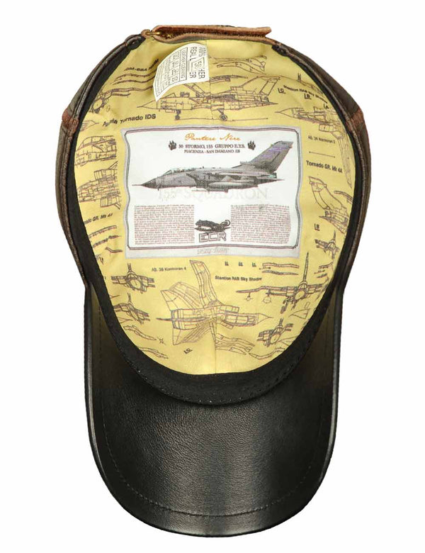 Men's brown leather baseball cap with bright lining, inside view.