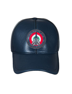 Navy blue leather men's cap with a bright airplane patch on the forehead, front view.