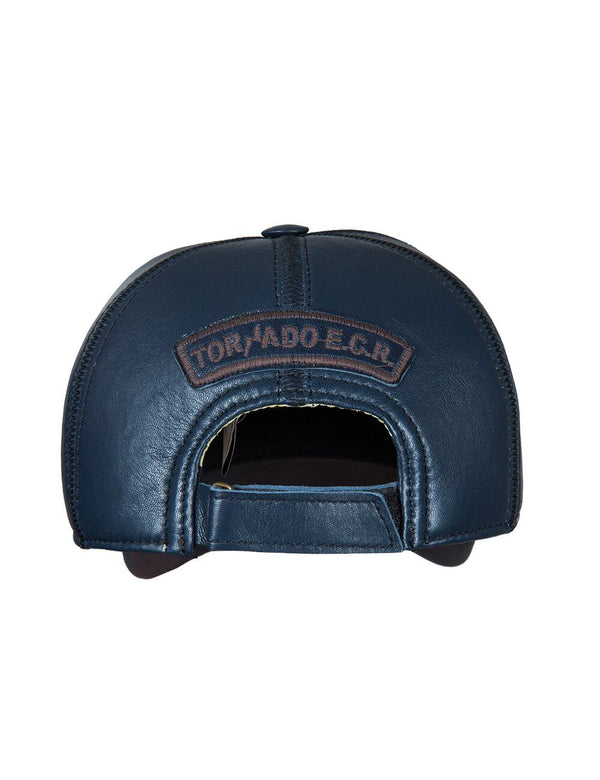 Men's blue leather baseball cap with patch, back view.