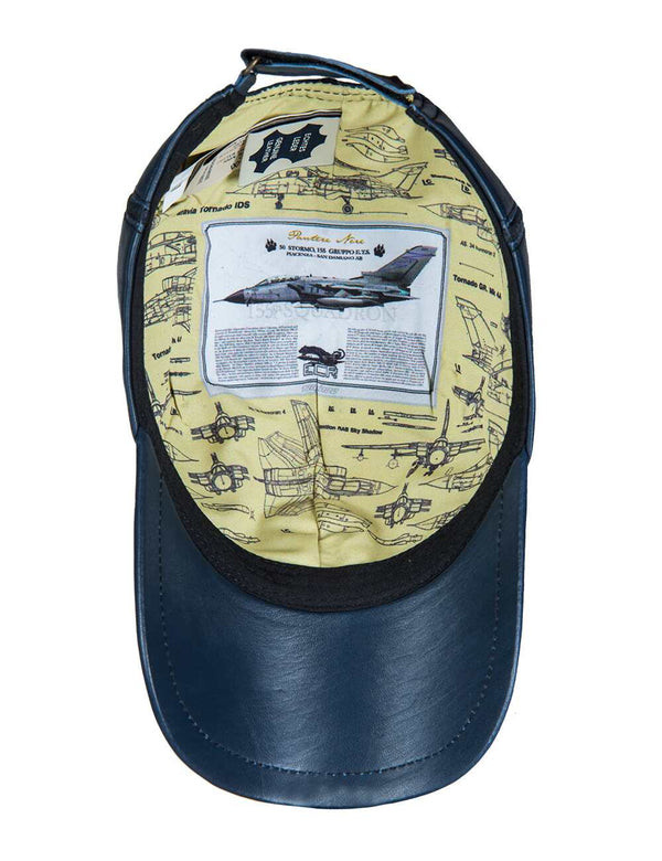 Men's blue leather baseball cap with bright lining, inside view.
