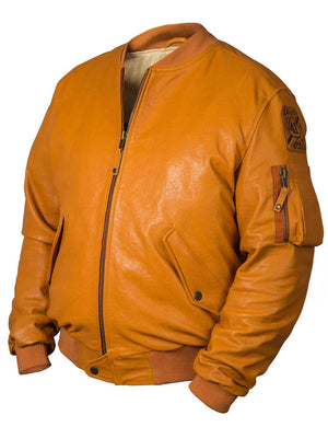 Men's orange leather jacket.