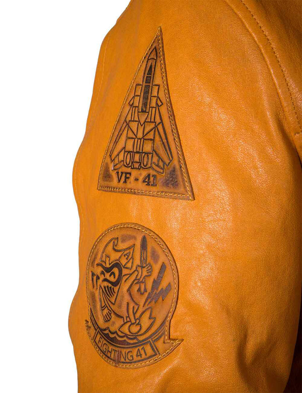 Patches on the right sleeve of a men's orange leather jacket.