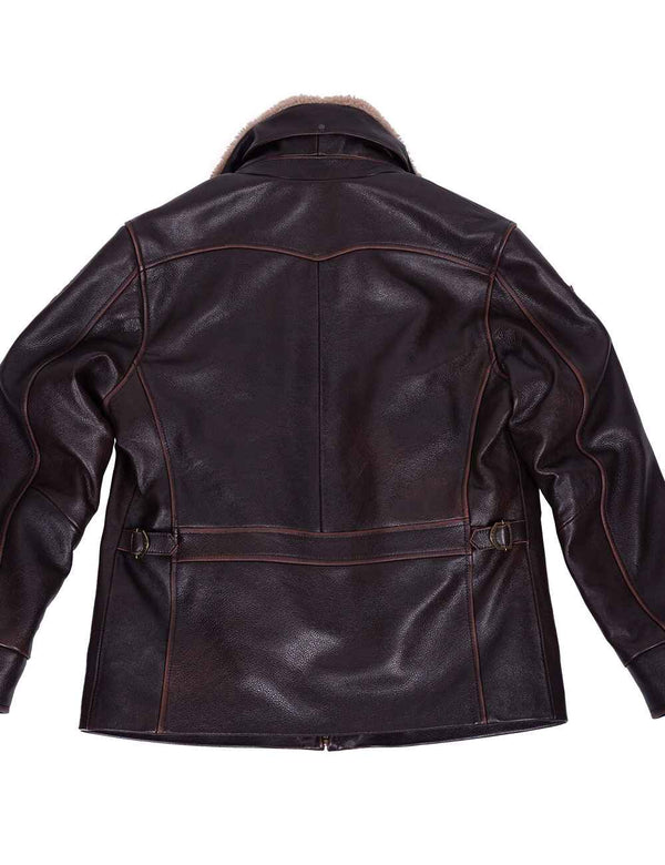 Men's brown leather jacket with fur collar, back view.