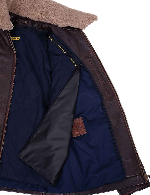 Men's brown leather jacket with a fur collar, unbuttoned, showing a slightly unfastened lining.