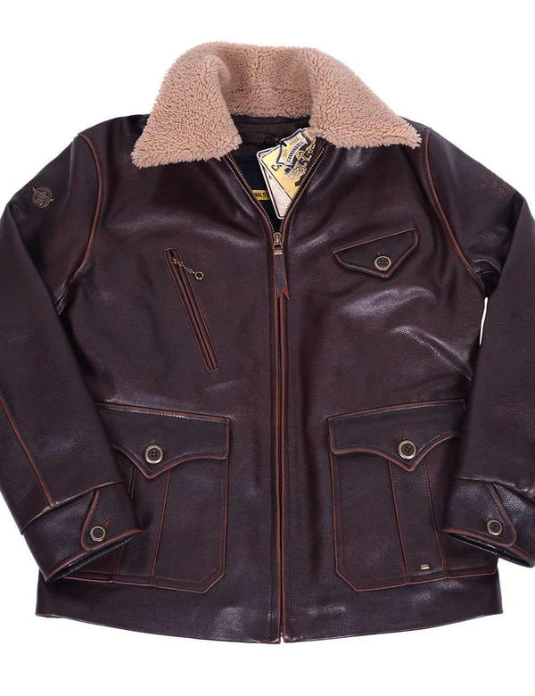 Men's brown leather jacket with fur collar, front view.