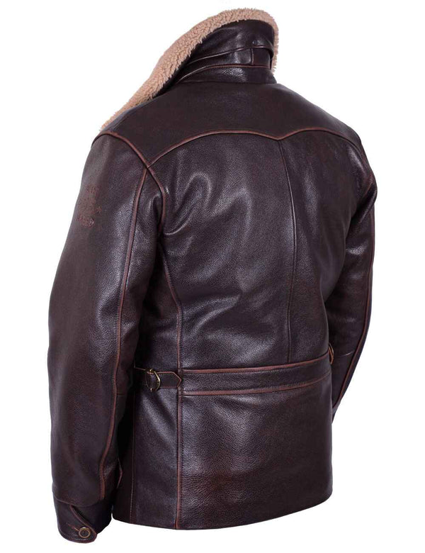Men's brown leather jacket with fur collar, back view.