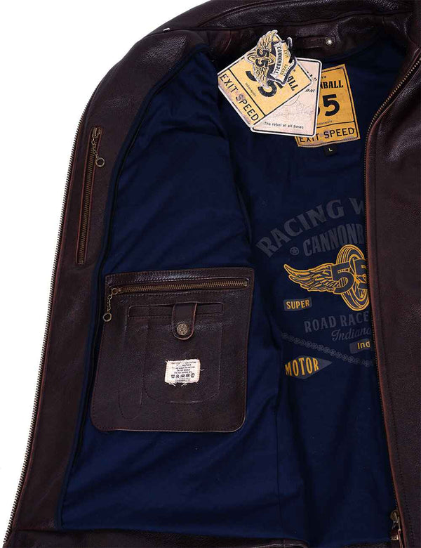Men's brown leather jacket unbuttoned, revealing dark blue lining and interior pockets.