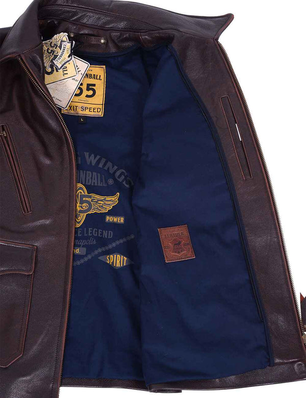 Men's brown leather jacket unbuttoned, revealing dark blue lining and inside pocket.