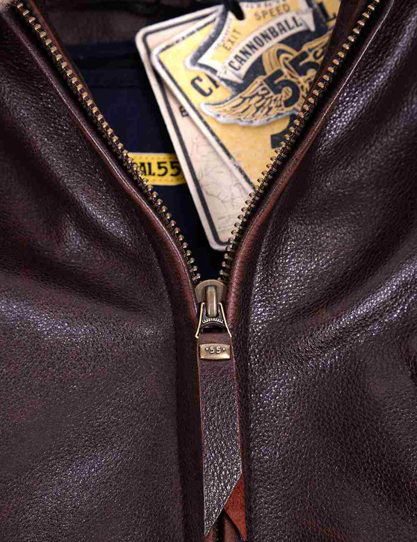 Metal zipper of men's brown leather jacket.