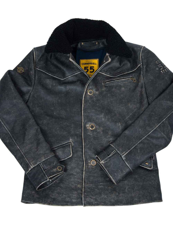Black men's leather jacket with buttons, fur collar, bleached seams.