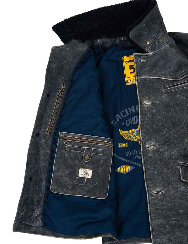Black leather men's jacket with fur collar, unbuttoned, revealing blue lining and inside pocket.