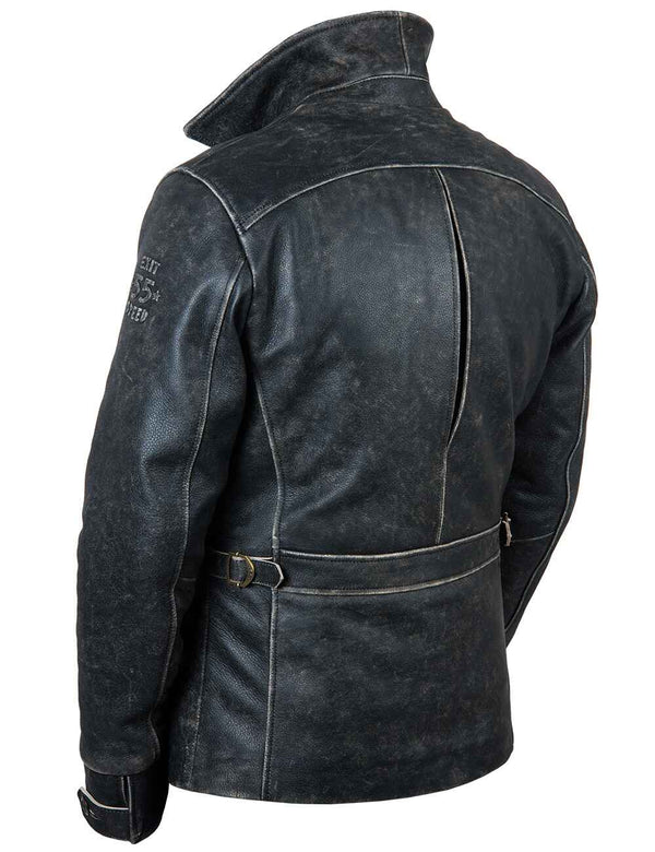 Black leather men's jacket with bleached seams, back view.