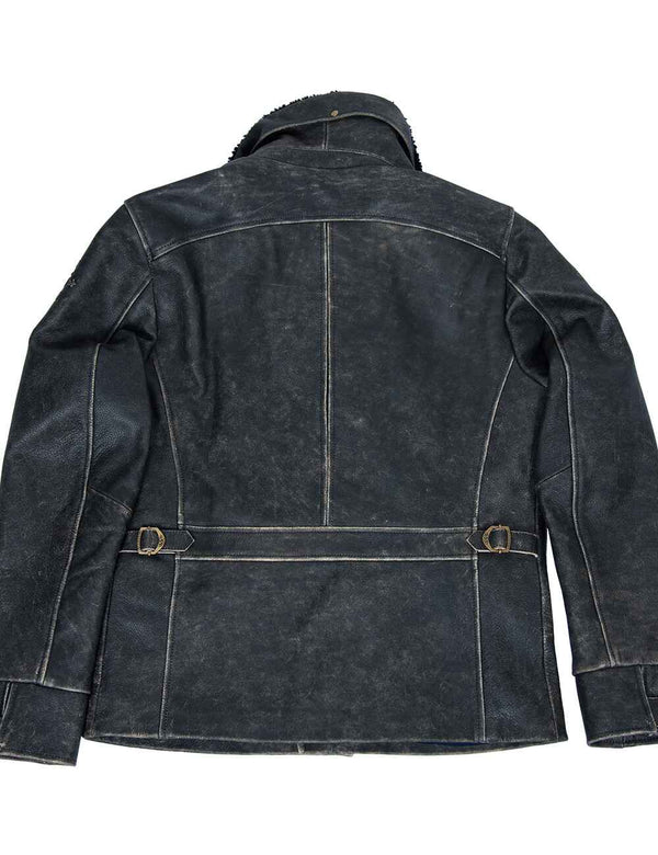Black men's leather jacket with bleached seams, back view.