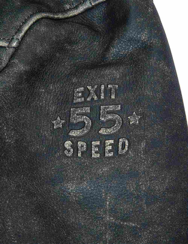 Embossing on the sleeve of a black men's leather jacket with highlighted seams.